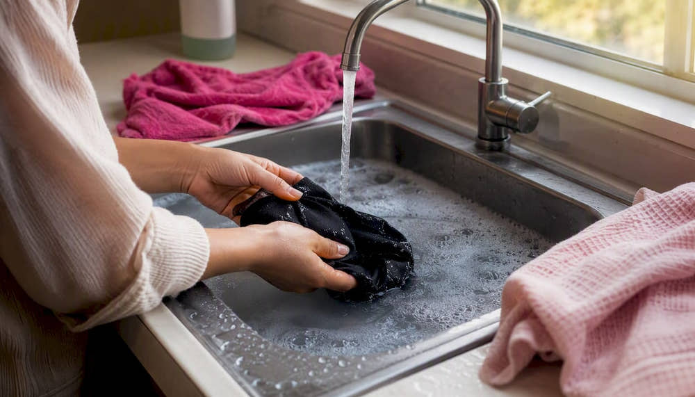 Hands rinsing period underwear in sink