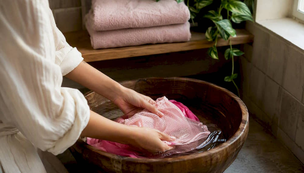 Hands rinsing period underwear in basin