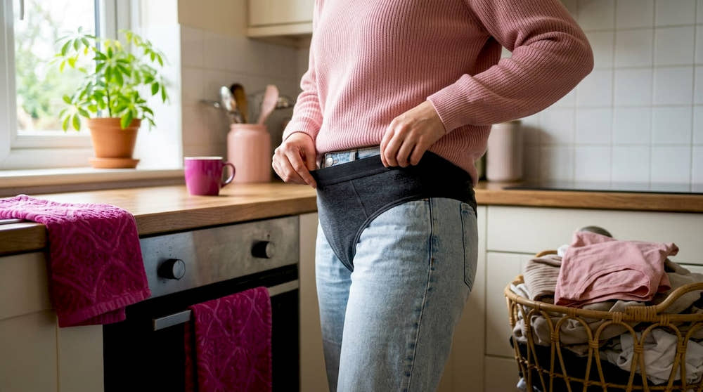 Woman checking period underwear fit