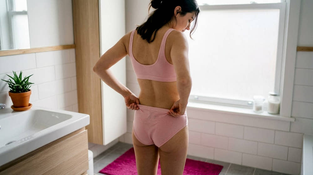 Woman adjusting underwear waistband indoors