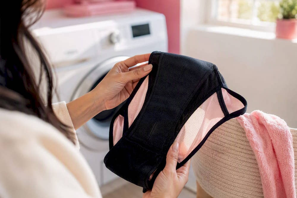 Hands checking gusset layers of period underwear