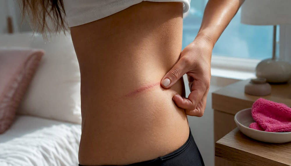 Woman examining waistband irritation at home
