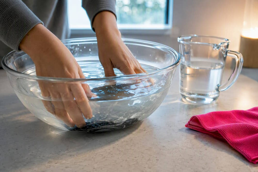 Hands stirring a vinegar soak in basin