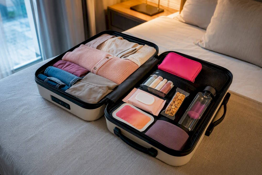 Organized suitcase with period travel essentials