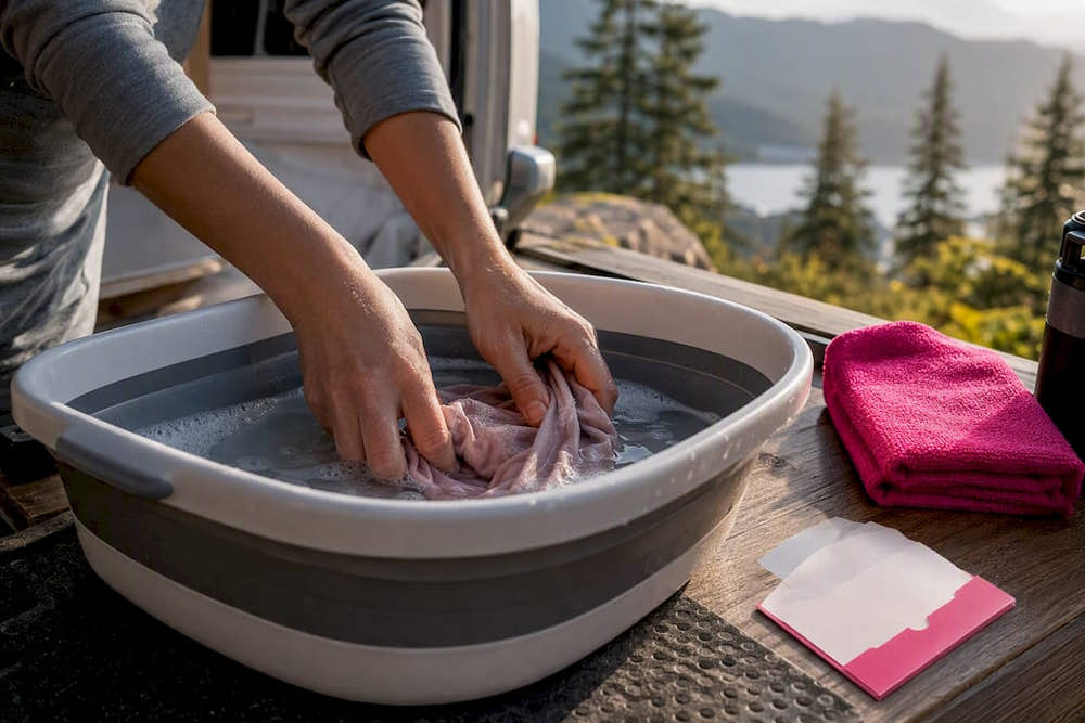 Hands washing travel underwear in basin