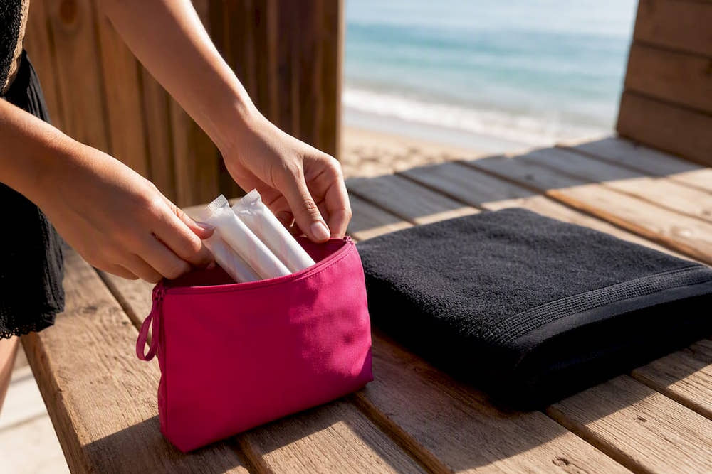 Tampons packed beside a beach towel