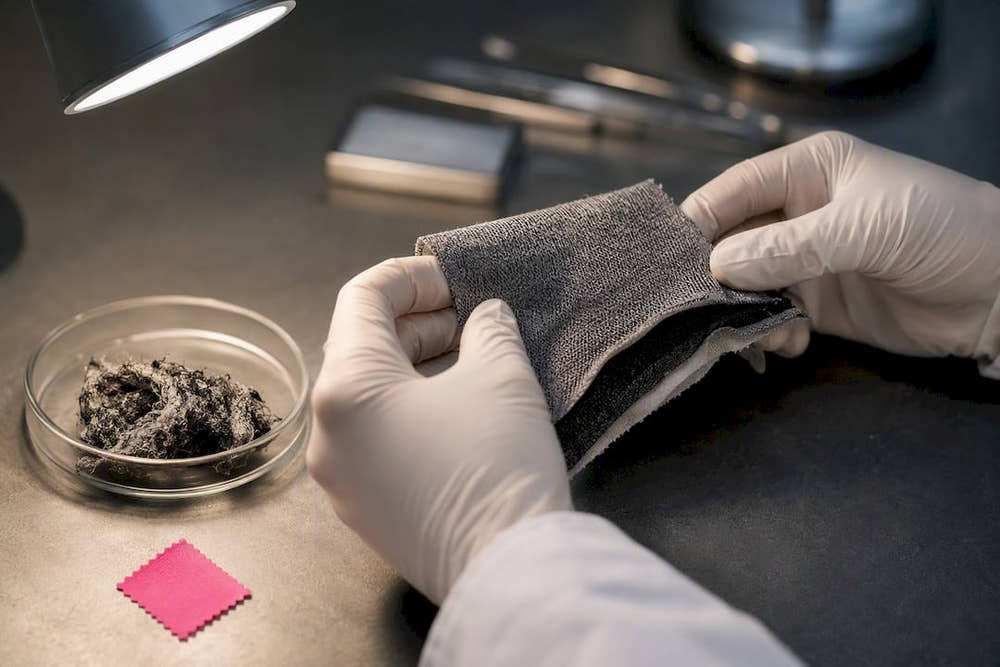 Silver textile sample under laboratory examination