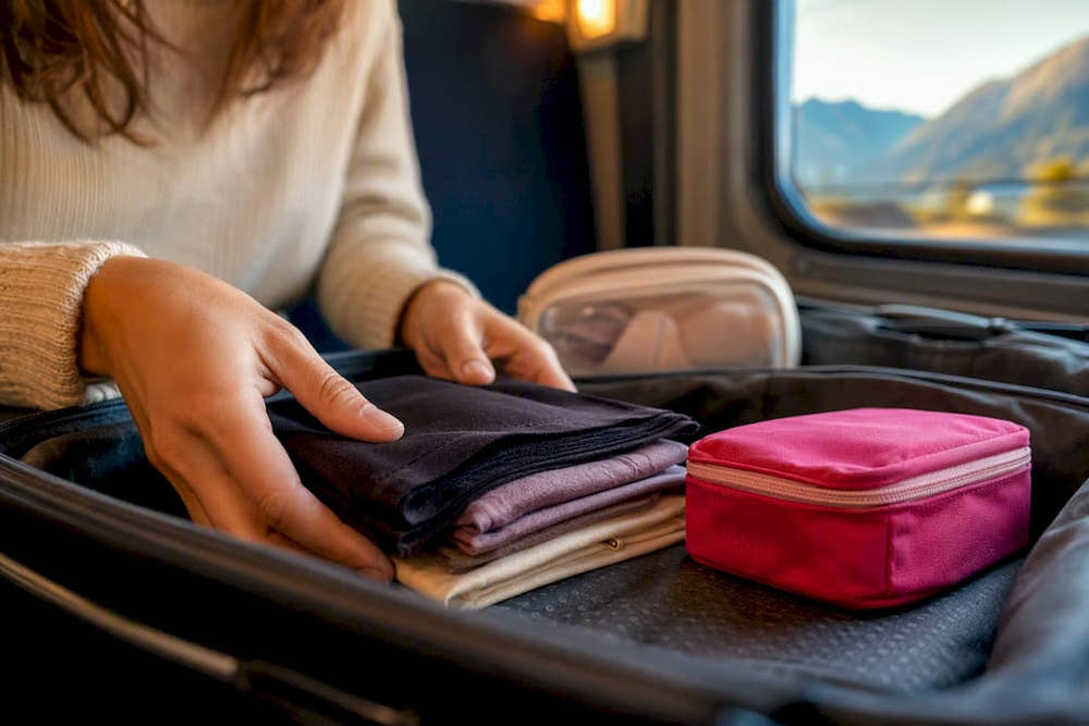 Travel bag packed with folded period underwear
