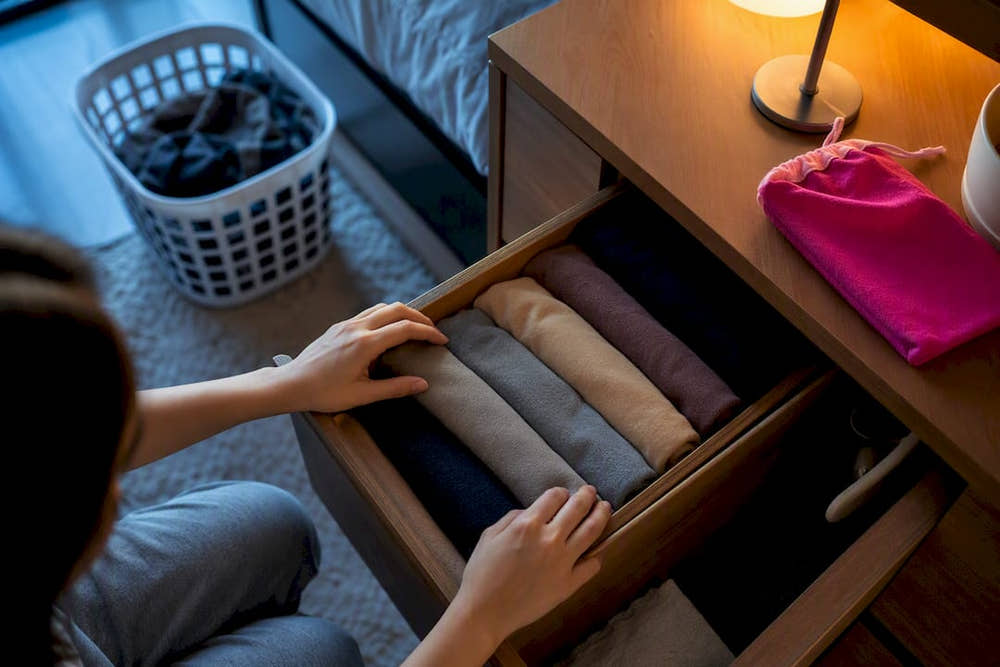 Dorm drawer organized for period laundry