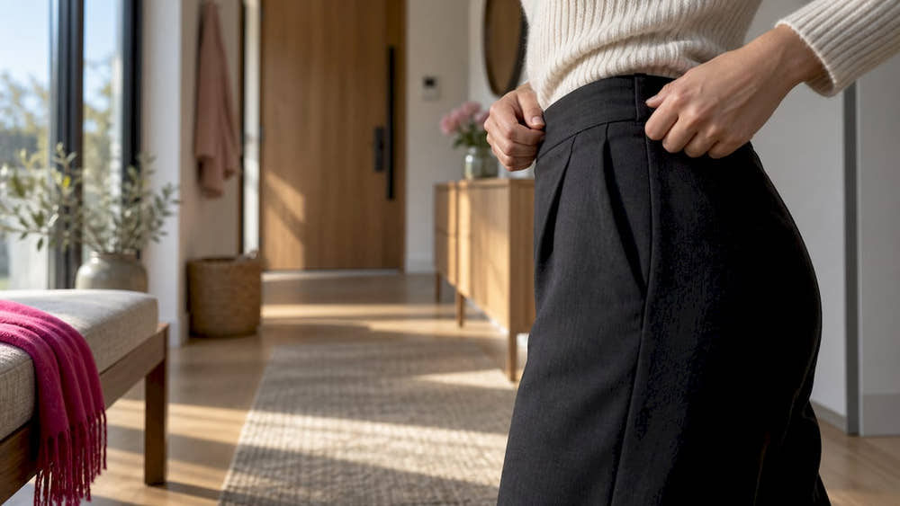 Woman adjusting a snug period underwear waistband