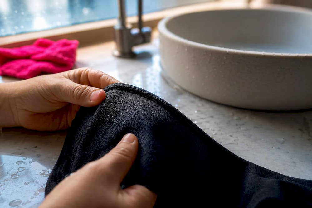 Hands checking rinsed textile stiffness
