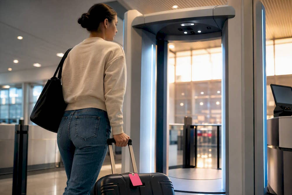 Traveler approaching airport security scanner