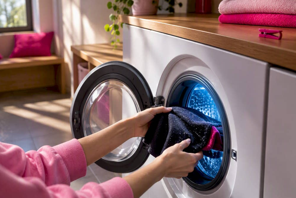 Hands loading reusable textile for cold wash
