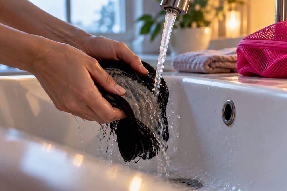 Hands rinsing layered period underwear fabric