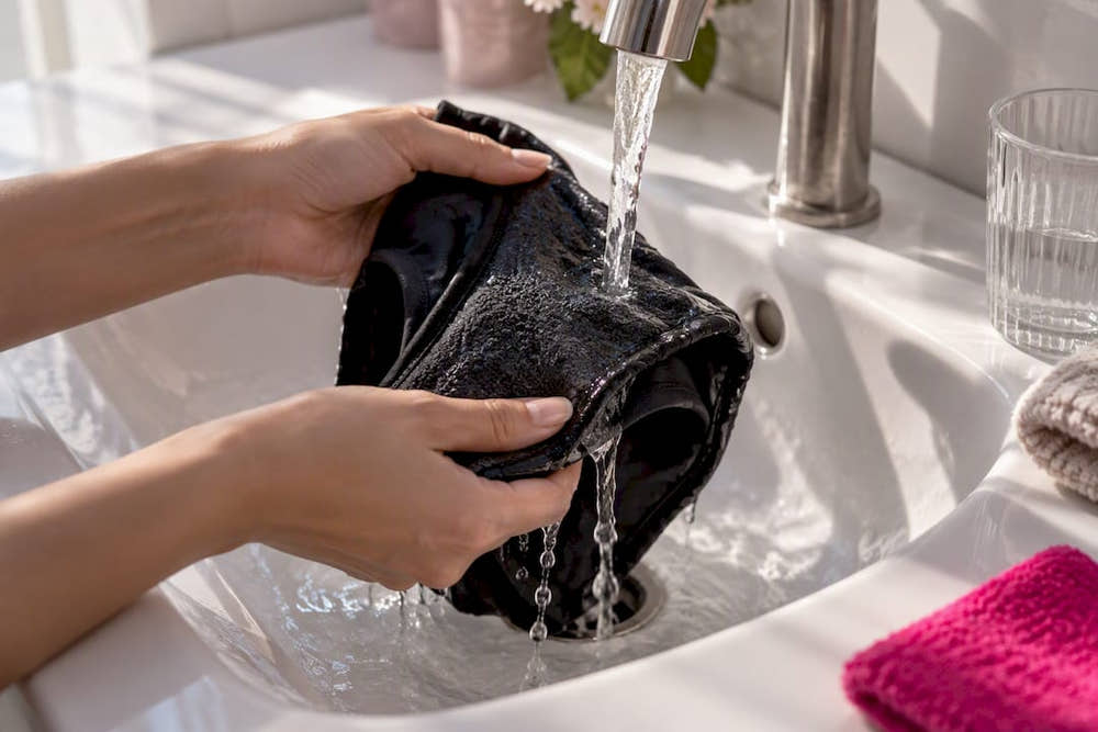 Hands rinsing absorbent period underwear fabric