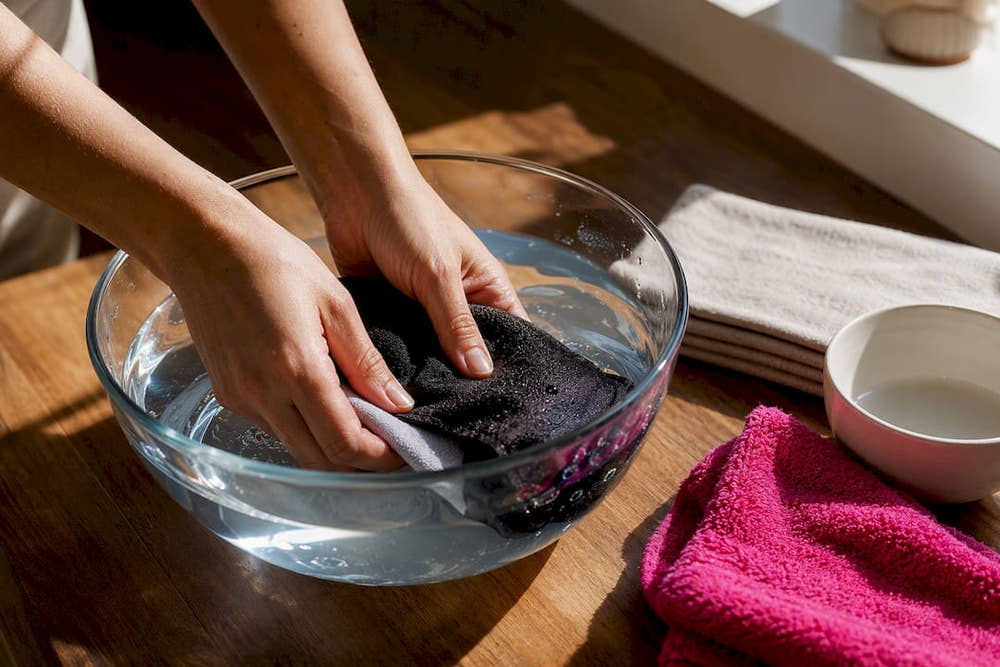 Hands gently washing layered menstrual textile