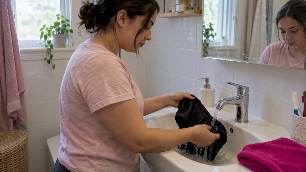 Woman rinsing period underwear in cool water