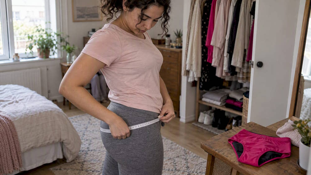 Woman measuring hips beside SweeTee period underwear