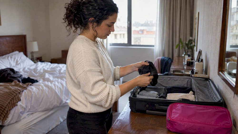 Traveler packing clean period underwear in suitcase