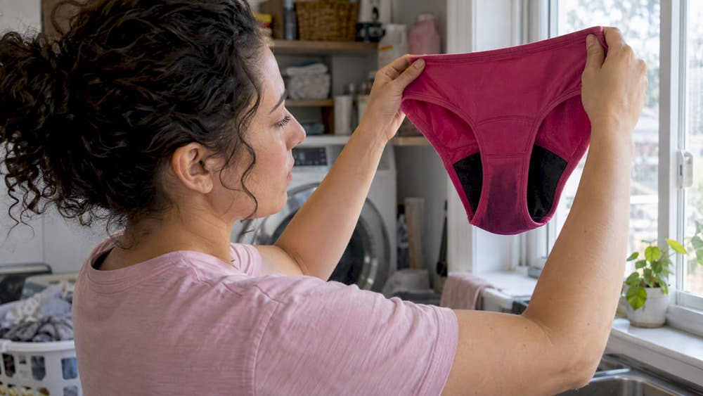 Woman checking period underwear gusset for wear