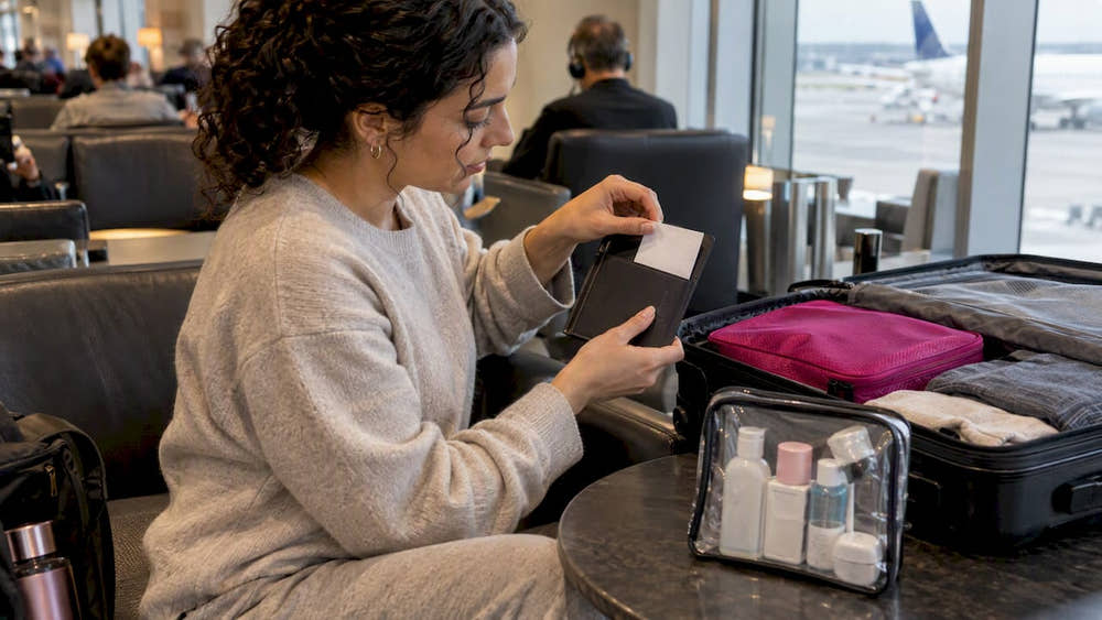 Traveler packing a detergent sheet beside carry-on