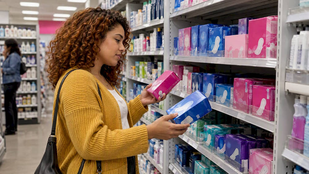 Shopper comparing tampons and pads in pharmacy aisle
