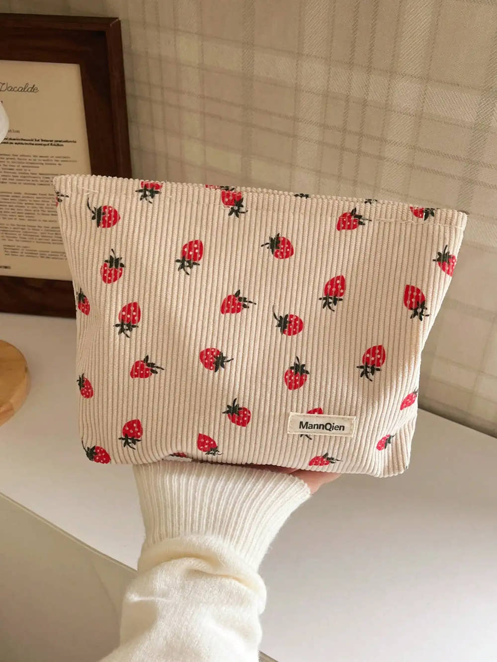 Strawberry Sugar corduroy makeup pouch with strawberry print