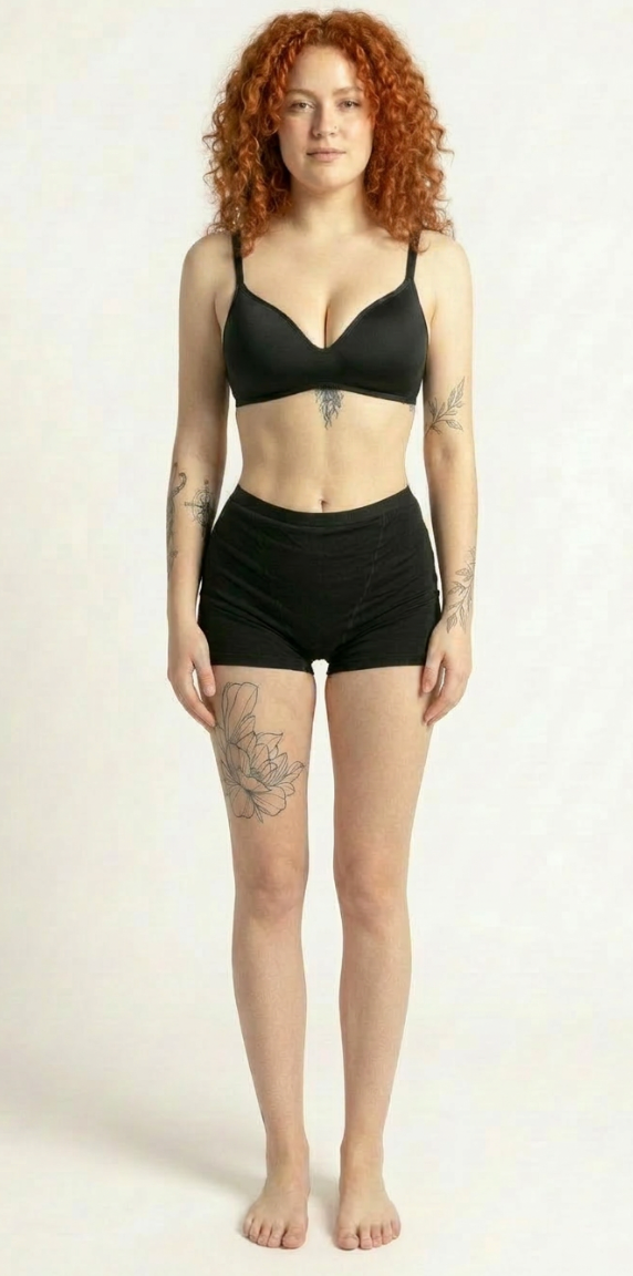 Model wearing SweeTee black boxer brief period underwear with matching bralette