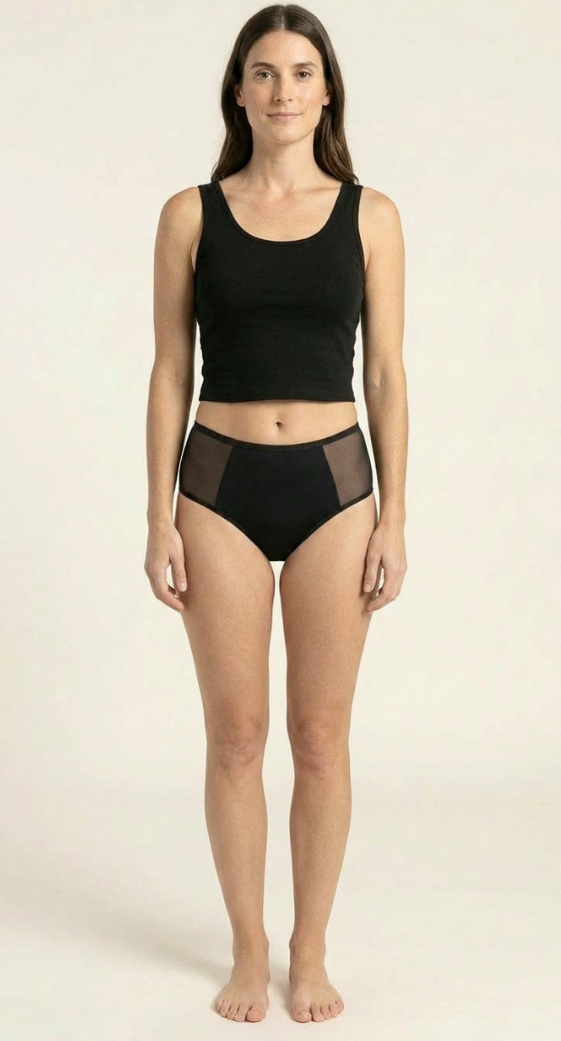 Model wearing SweeTee high-waist period underwear bundle, front view