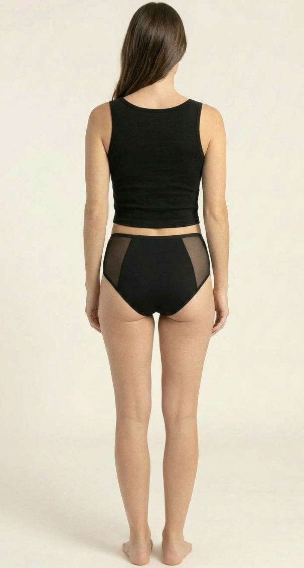 Model wearing SweeTee high-waist period underwear bundle, back view