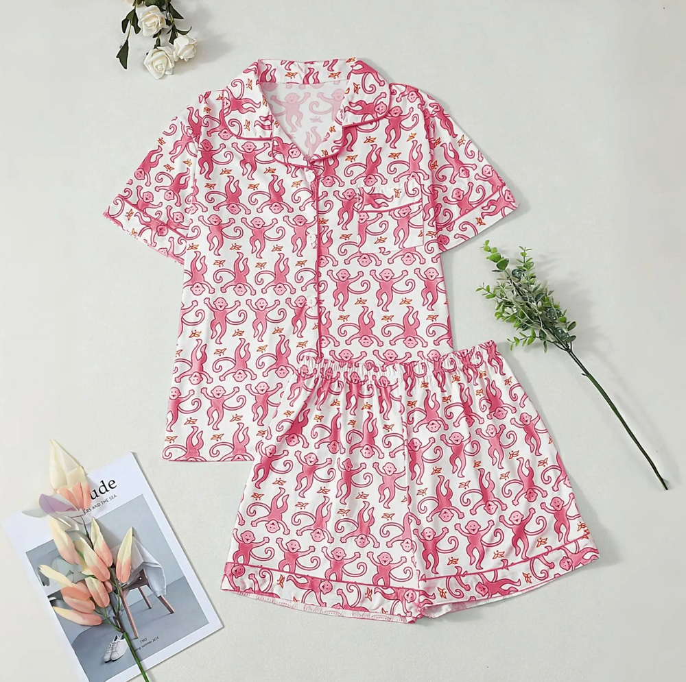 SweeTee pink monkey-print pajama shirt and shorts set, trending style